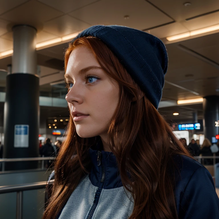 Caucasian red hair middle 20 years girl, fit, realistic wearing winter clothes at Denver Airport glowing blue eyes, intense, solodramatic lightinasterpiece:1.2), best quality, high resolution, beautiful detailed, extremely detailed, perfect lighting