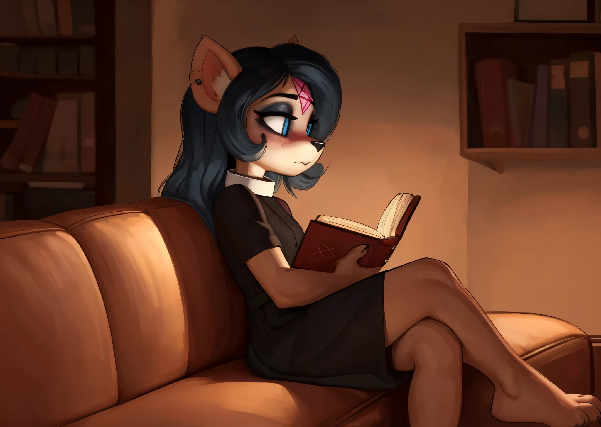 [Claire], [the summoning], [Uploaded to e621.net; (Pixelsketcher), (wamudraws)], ((masterpiece)), ((HD)), ((highres)), ((solo portrait)), ((full body)), ((side view)), ((furry; anthro)), ((detailed fur)), ((detailed soft shading)), ((beautiful render art)), {anthro; (slim figure), white fur, black nose, (cat ears), (cut on left ear), long blue hair, (bang over left eye), (pink pentagram on forehead), (cute blue eyes), (short eyelashes), (indigo eyeshadow), (curvy hips), (beautiful legs), (beautiful feet), (blushing), (expressionless)}, {(short sleeve black dress), (white collar)}, {(sitting on couch), (crossed legs), (book in hands), (reading book), (looking down)}, [background; (living room), (mahogany floor), (bookshelf), (ambient lighting)]