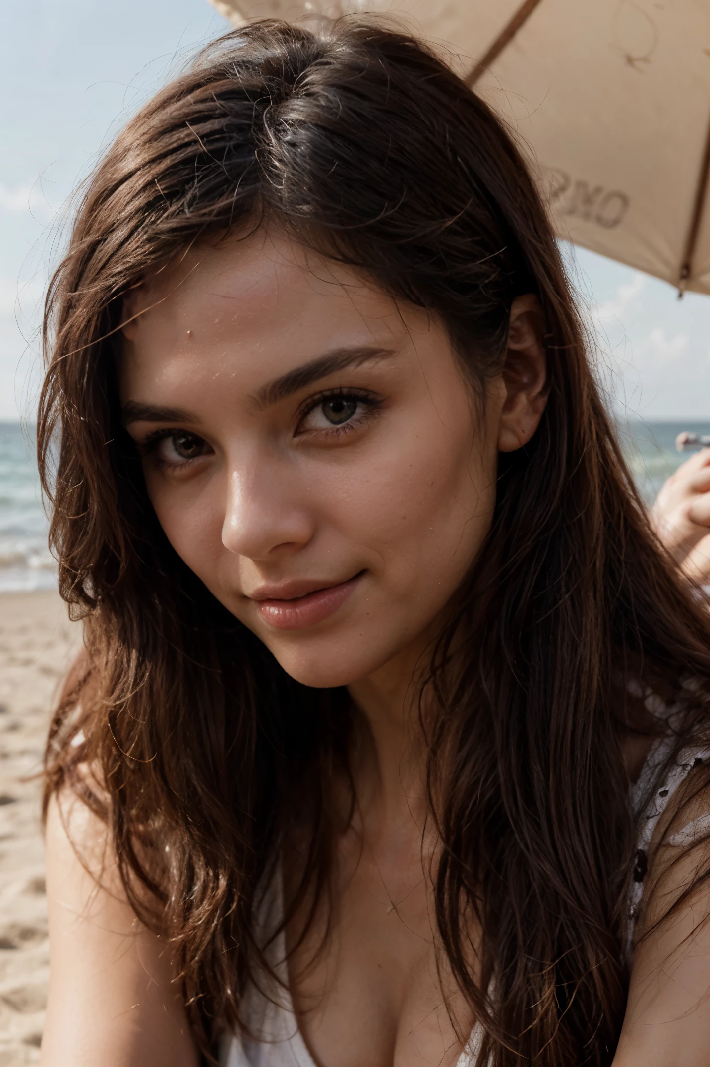 A cute 32-year old stunting Turkish girl, laying at beach, sunny, radiant and neutral expression woman, her long, flowing black hair with brown reddish highlight cascades beautifully, complementing her mesmerizing brown eyes and glossy lips. With an expression of pure joy and contentment, The camera captures the model in a far shot, with a Canon EF 100mm f/2.8L, highlighting her natural beauty and fashion sense. The image is in high resolution ultra HD, with soft, natural lighting that enhances the model's skin tones