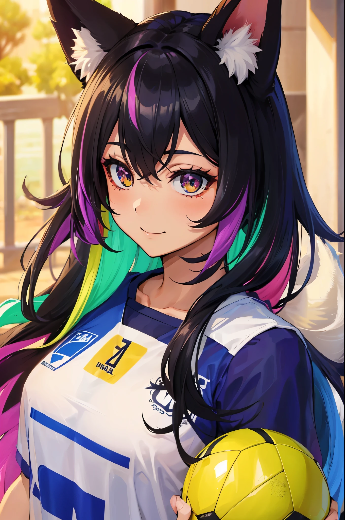 (obra-prima, melhor qualidade: 1.2), anime girl with fox ears, solo, foco feminino, sorriso, olhando para espectador, soccer uniform, campo de futebol, diamante, cabelo multicolorido, olhos multicoloridos