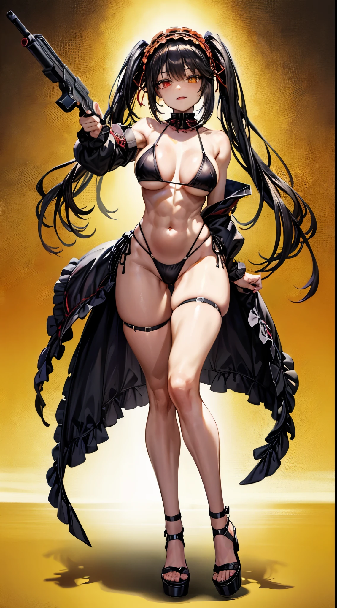 1 girl, bare shoulders, black hair, medium breasts, (muscular legs), muscular belly, wide hips, thin waist, (((clock eyes))), (wearing a very short and sexy bikini), with a pistol in each hand, (((in the motel room))), full body, hairband, (((pointing the gun at me))), standing, heterochromia, (pointing the gun at me), black high-heeled shoes tall, ta hairband, long hair, red eyes, (psychopath expression), evil smile, evil look, Lonely, symbol-shaped pupils, (Kurumi tokisaki), (twintails), yellow eyes