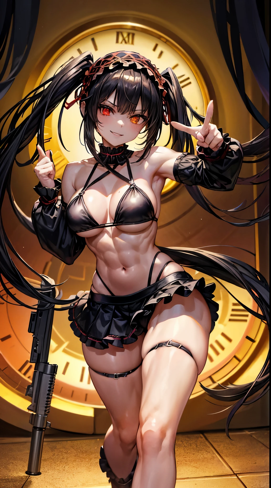 1 girl, bare shoulders, black hair, medium breasts, (muscular legs), muscular belly, wide hips, thin waist, (((clock eyes))), (wearing a very short and sexy bikini), with a pistol in each hand, (((in the motel room))), full body, hairband, (((pointing the gun at me))), standing, heterochromia, (pointing the gun at me), black high-heeled shoes tall, lolita hairband, long hair, red eyes, (psychopath expression), evil smile, evil look, Lonely, symbol-shaped pupils, (Kurumi tokisaki), (twintails), yellow eyes