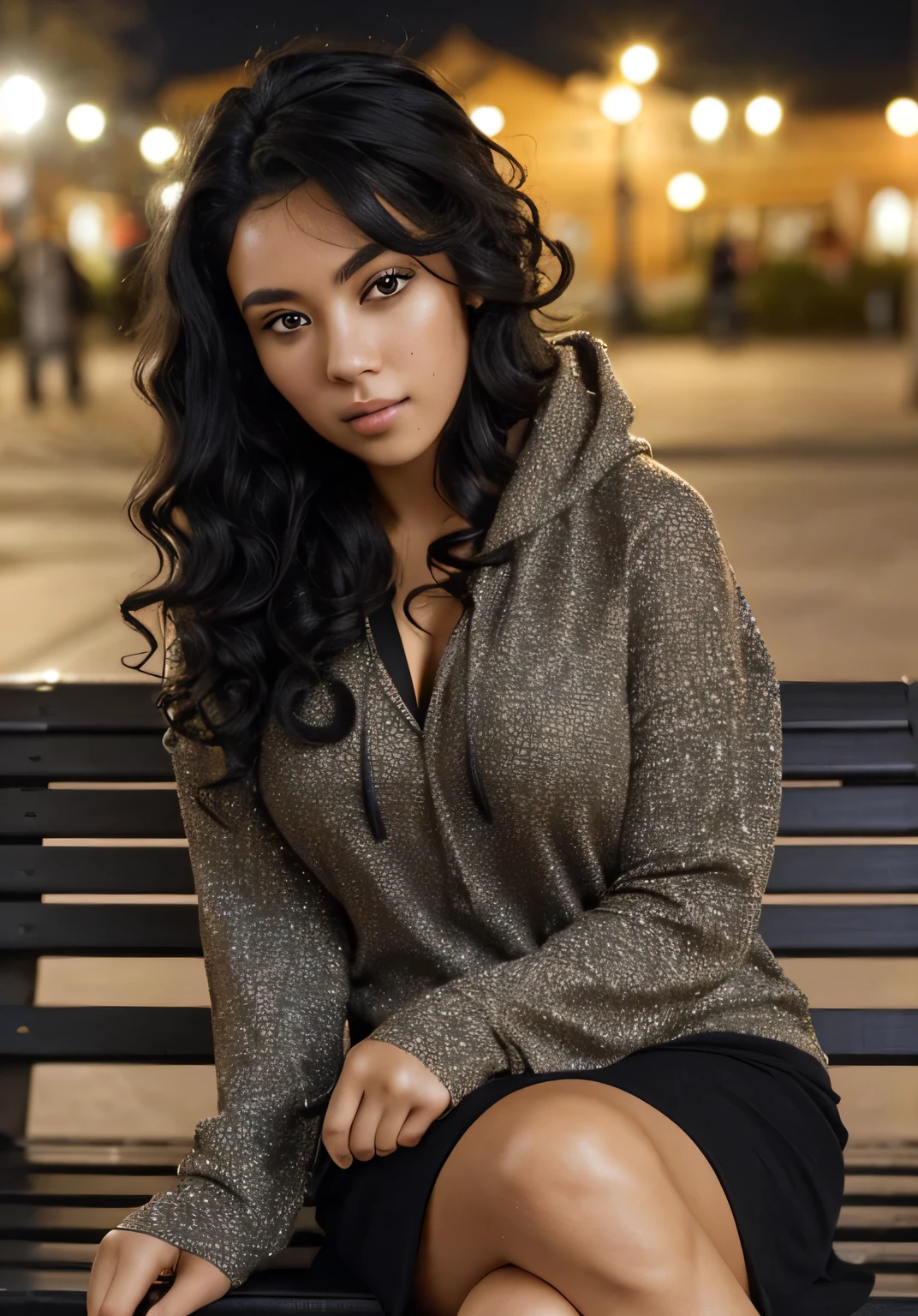 a fashion photo of a (beautiful woman with curly black hair:1.2), (seductive gaze:1.2), busty, sitting on a bench at night, wearing a hoodie, telephoto photography, upper body close up, intricate detail, intricate skin, subtle freckles, intricate hair, (atmosphere:1.2), (haze:1.3), soft ambient lighting