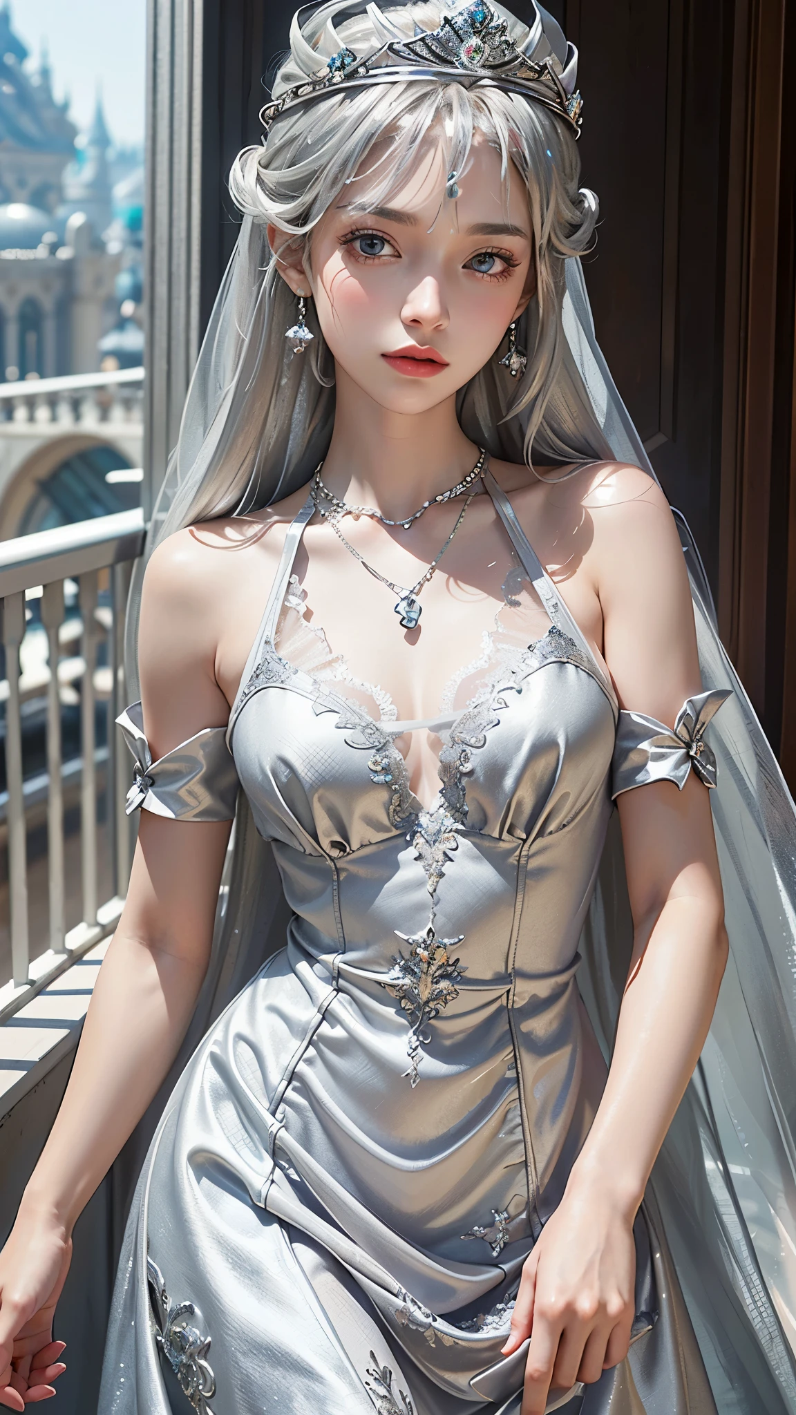 8k, masterpiece, 1 girl, beautiful face, very long hair, hair ornament, light makeup, detailed eyes, small breast, ultra detailed clothes, (silver princess dress:1.5), lace:1.5, ((closed up)), necklace, jewellery, amazing balcony background,