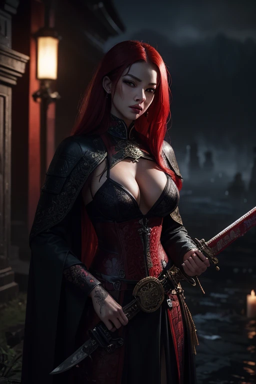 amazing illustration, oriental woman of very sexy beauty, long red hair shaved on the side, perfect mouth and lips, Godmachine style, an atmosphere of night rain, cemetery with a bloody sword in hand, realistic bloody body, looking at the camera with furious look, wearing very sexy medieval warrior style costume