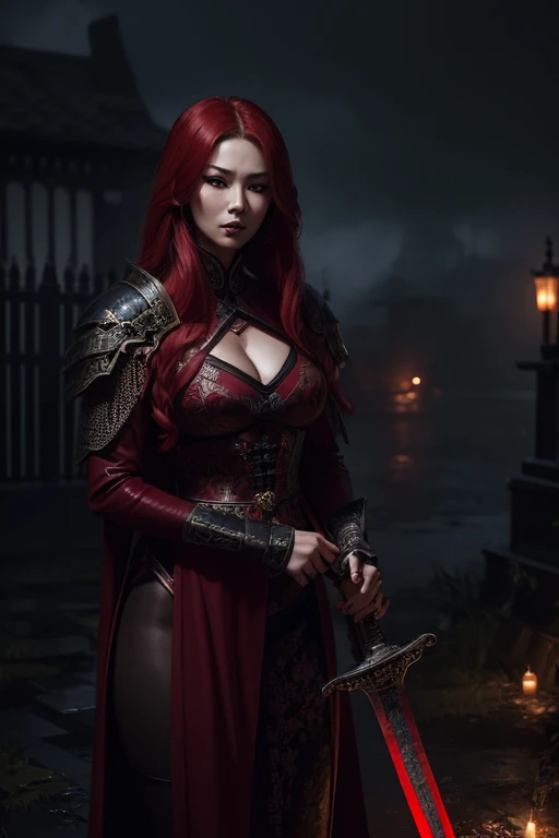 amazing illustration, oriental woman of very sexy beauty, long red hair shaved on the side, perfect mouth and lips, Godmachine style, an atmosphere of night rain, cemetery with a bloody sword in hand, realistic bloody body, looking at the camera with furious look, wearing very sexy medieval warrior style costume