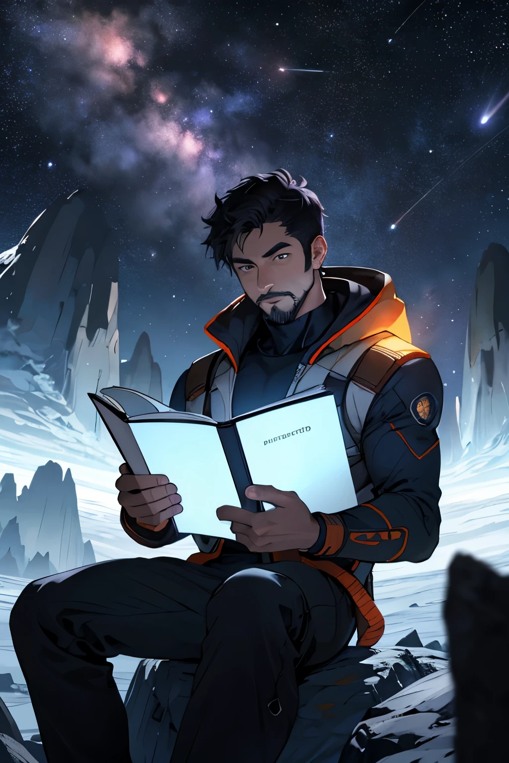 Draw a young programmer, sitting on a research platform floating in the middle of an asteroid belt. He is studying with a notebook, surrounded by several asteroids glowing with fiery auras. Dramatic lighting from distant stars and planets illuminates the scene, casting deep shadows on the suit. The young man looks confident and determined, looking at the vast and mysterious universe with wonder and respect,facial hair, cowboy shot,