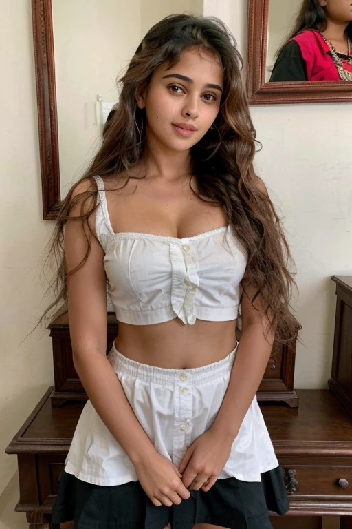 Indian schoolgirl, 18 yo, petite, busty ((features a mix of Monica Bellucci at 18 yo and Macarena Garcia at 18 yo)), passport size photo, symmetric face,long black wavy hair,bedroom, beautiful detailed eyes, uniform,standing,full length,cleavage, short skirt, undressing,belly button, ((kissing old man))(Egyptian schoolgirl), 18 yo ,
