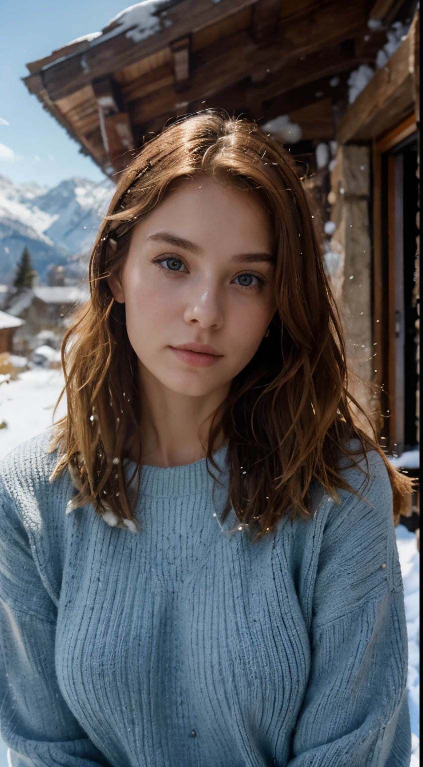 RAW UHD portrait of a 24-year-old blonde woman, bathed in the winter next to a mountain cottage in the alps. Her natural red hair gently waves as she stands outdoors, surrounded by the beauty of the Spanish countryside. Brown-eyed and wearing a heavy blue sweater. The scene captures the essence of a snowy winter day, with crystal-clear details highlighting the texture of her hair, the brightness of the day. The camera, a Fujifilm XT3, skillfully focuses on her, frontally, while she looks directly at the camera. the photo portraits her in full body.