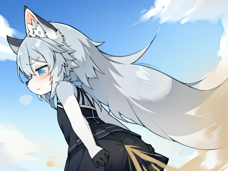 Movmovno、relaxed、A little sleepy、expression sad、He has farting gray hair and furry ears.、eyes are blue、Wolf Girl。The back is black。strong wind is blowing。Hair is flying。