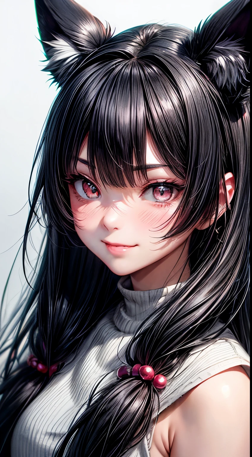 black hair, hair bobbles, wince, longeyelashes, solid circle eyes, fake animal ears, light smile, ear blush, fang, drop shadow, anaglyph, tachi-e, Ghibli-like colours, Hyperrealism, reflection light, halftone, 8k, super detail, ccurate, best quality, retina