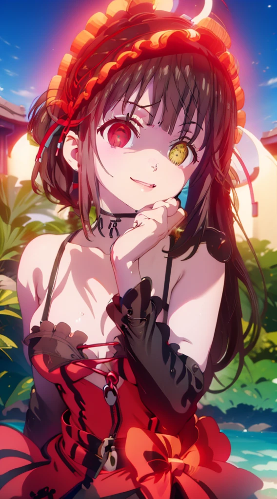 Kurumi tokisaki del anime date a live, ropa de colegiala, heterochromia, pechos medianos, primer plano, posando, boca de disgusto, detallado, Cara de disgusto, Alta calidad, obra maestra