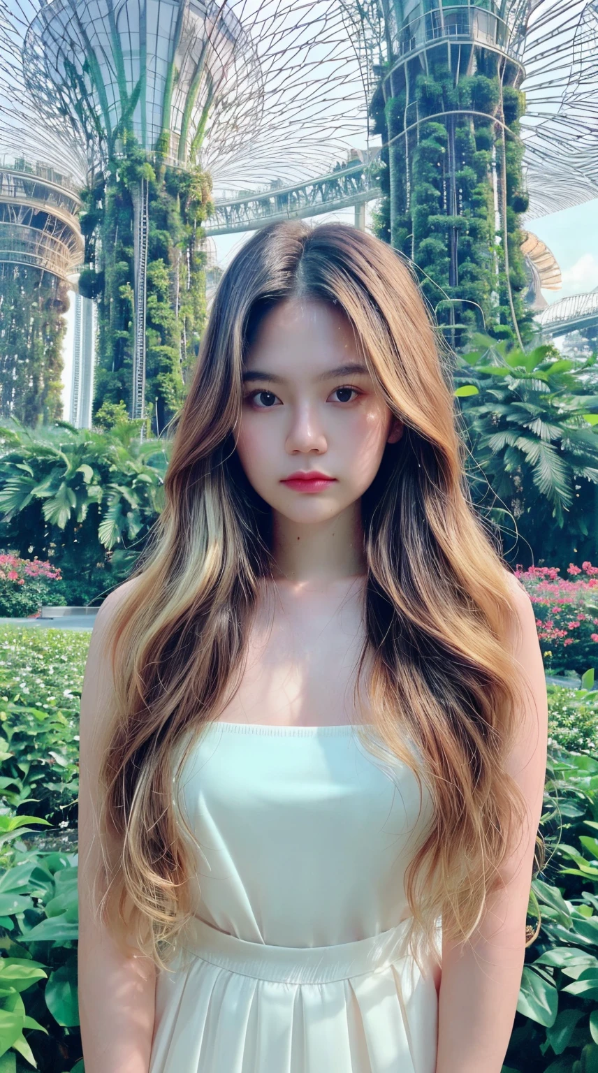 Instagram girl, Instagram style, (indistinguishable from reality:1.4) (8k, masterpiece, best quality, ultra-detailed), surreal gradient contemporary, nature, photography, photography-color, portraits, vibrant (lofi, analog, kodak film), detailed intricate hair, (long blonde hair), Instagram photo, background gardens by the Bay, singapore, bigogirl02,