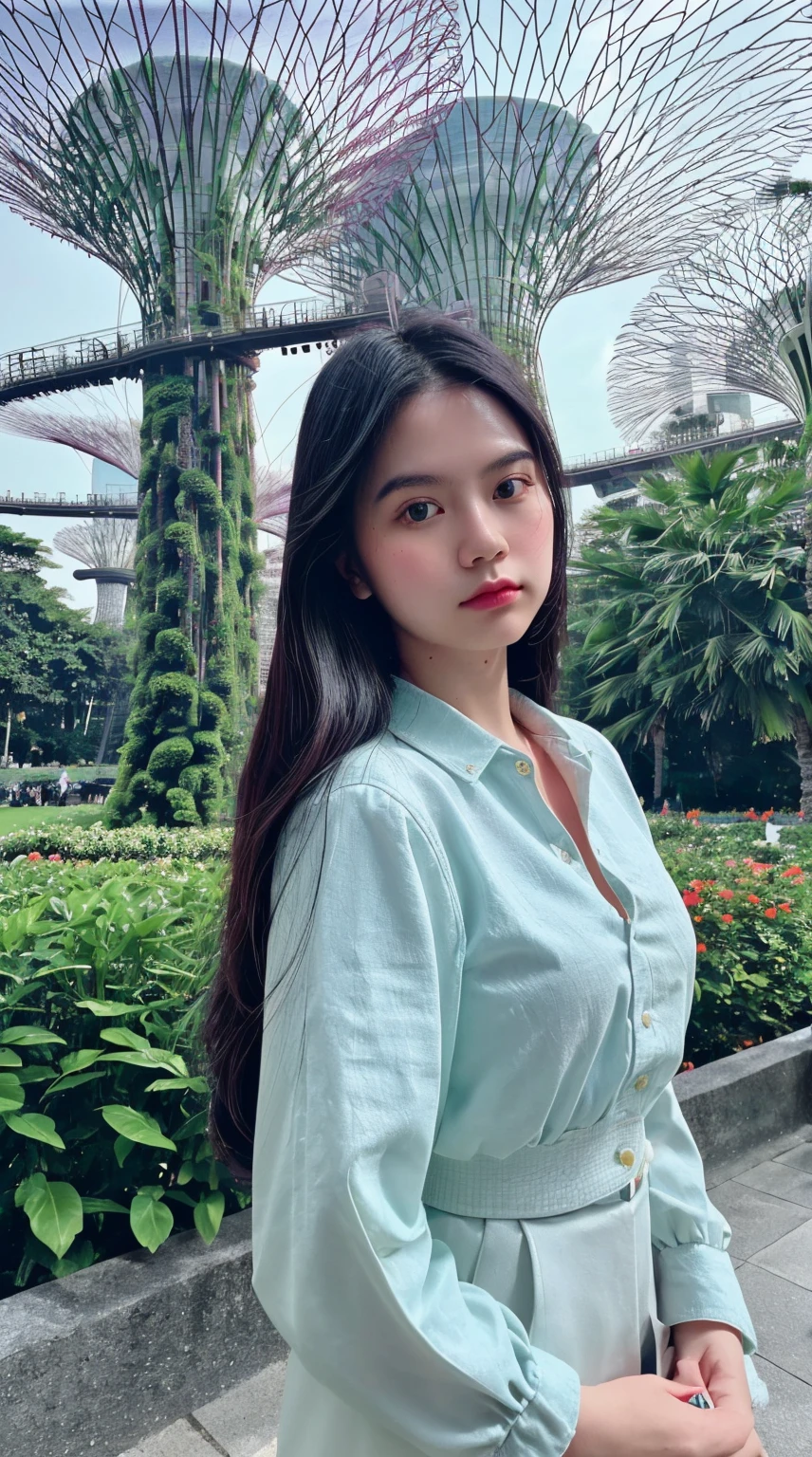 Instagram girl, Instagram style, (indistinguishable from reality:1.4) (8k, masterpiece, best quality, ultra-detailed), surreal gradient contemporary, nature, photography, photography-color, portraits, vibrant (lofi, analog, kodak film), detailed intricate hair, Instagram photo, background gardens by the Bay, singapore, bigogirl02,