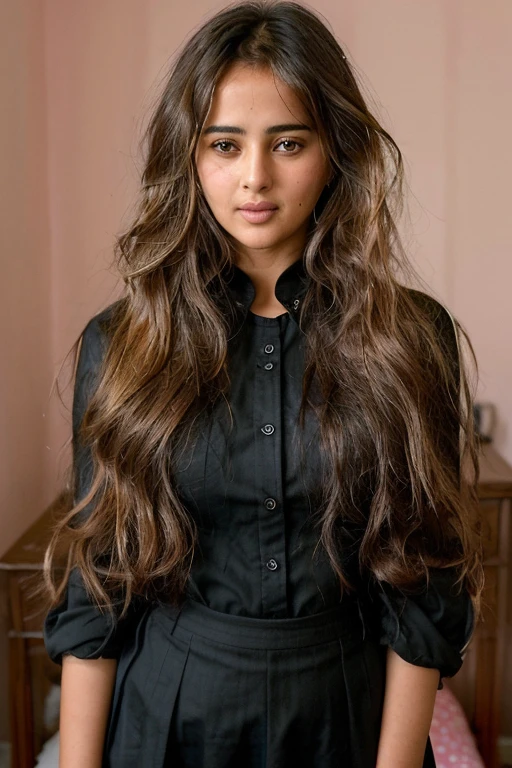 Indian girl, 18 yo, petite, busty ((features a mix of Monica Bellucci at 18 yo and Macarena Garcia at 18 yo)), passport size photo, symmetric face,long black wavy hair,bedroom, beautiful detailed eyes, uniform,standing,full length, naked