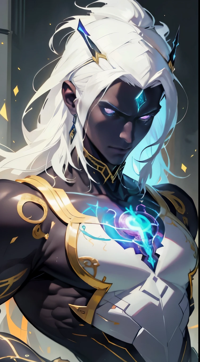 (melhor qualidade,4k,Altas:1.2),ultra-detalhado,(Realistic:1.37) a white-haired megatrix man wearing a white suit with gold details and several runes running across his body,illustration,retrato,etherial lighting,foco nítido,vivid colors,estilo de arte tradicional,atmosfera calma,fundo branco