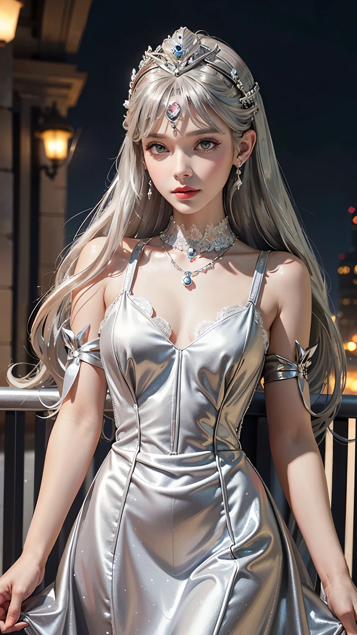 8k, masterpiece, 1 girl, beautiful face, very long hair, hair ornament, light makeup, detailed eyes, small breast, ultra detailed clothes, (silver princess dress:1.5), lace:1.5, ((closed up)), necklace, jewellery, amazing balcony background,