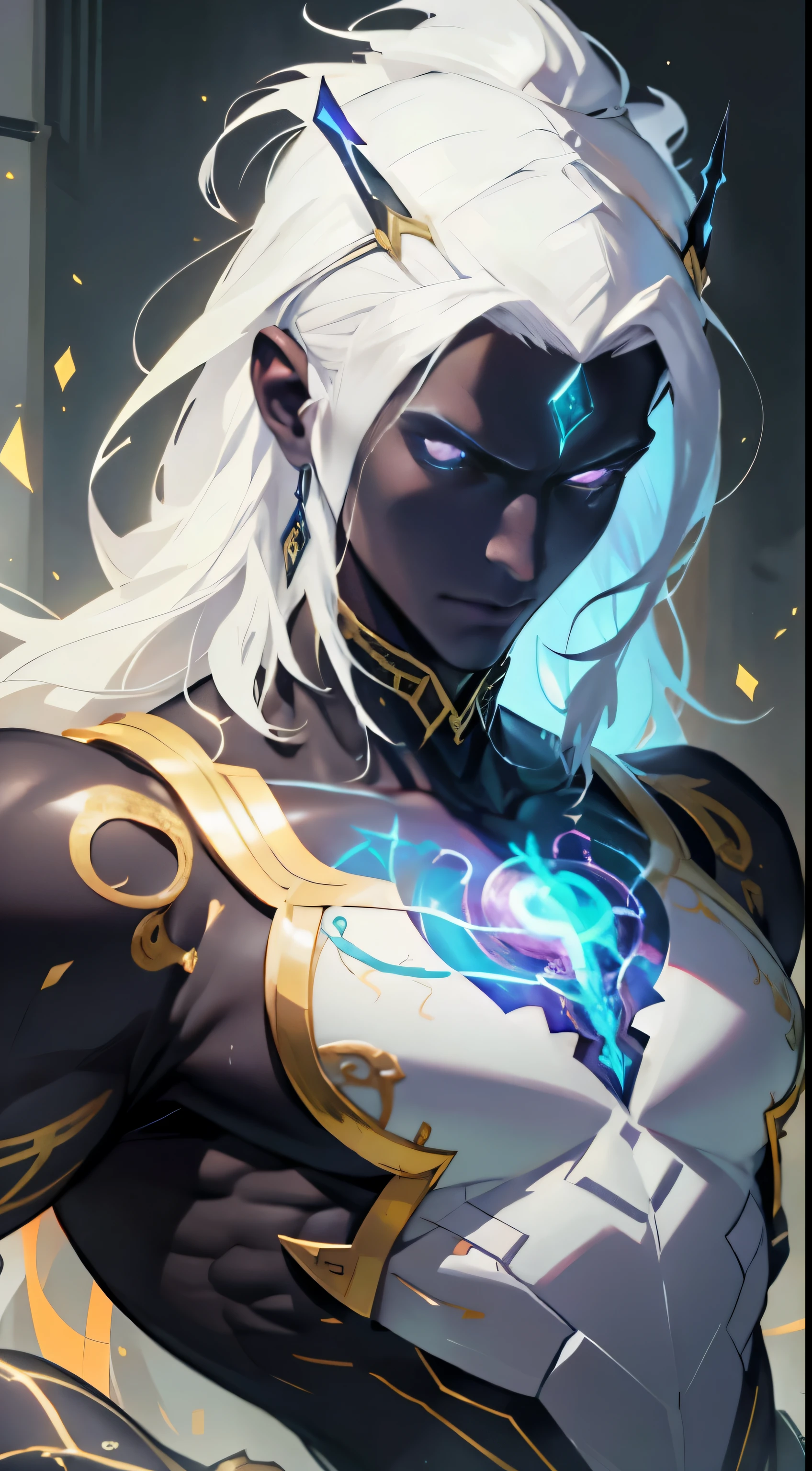 (melhor qualidade,4k,Alto:1.2),ultra-detalhado,(Realistic:1.37) a white-haired megatrix man wearing a white suit with gold trim and several runes running across his body,illustration,retrato,etherial lighting,foco nítido,vivid colors,Estilo de arte tradicional,Ambiente calmo,fundo branco