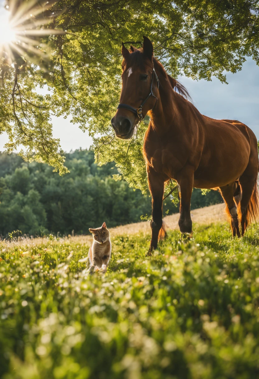 The horse is friends with the cat. from bottom to up view. perspective, meadow. Sunny day