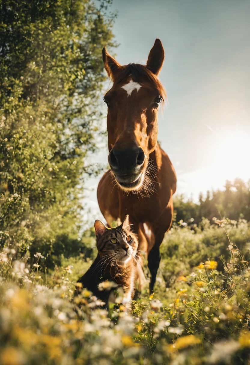 The horse is friends with the cat. from bottom to up view. perspective, meadow. Sunny day
