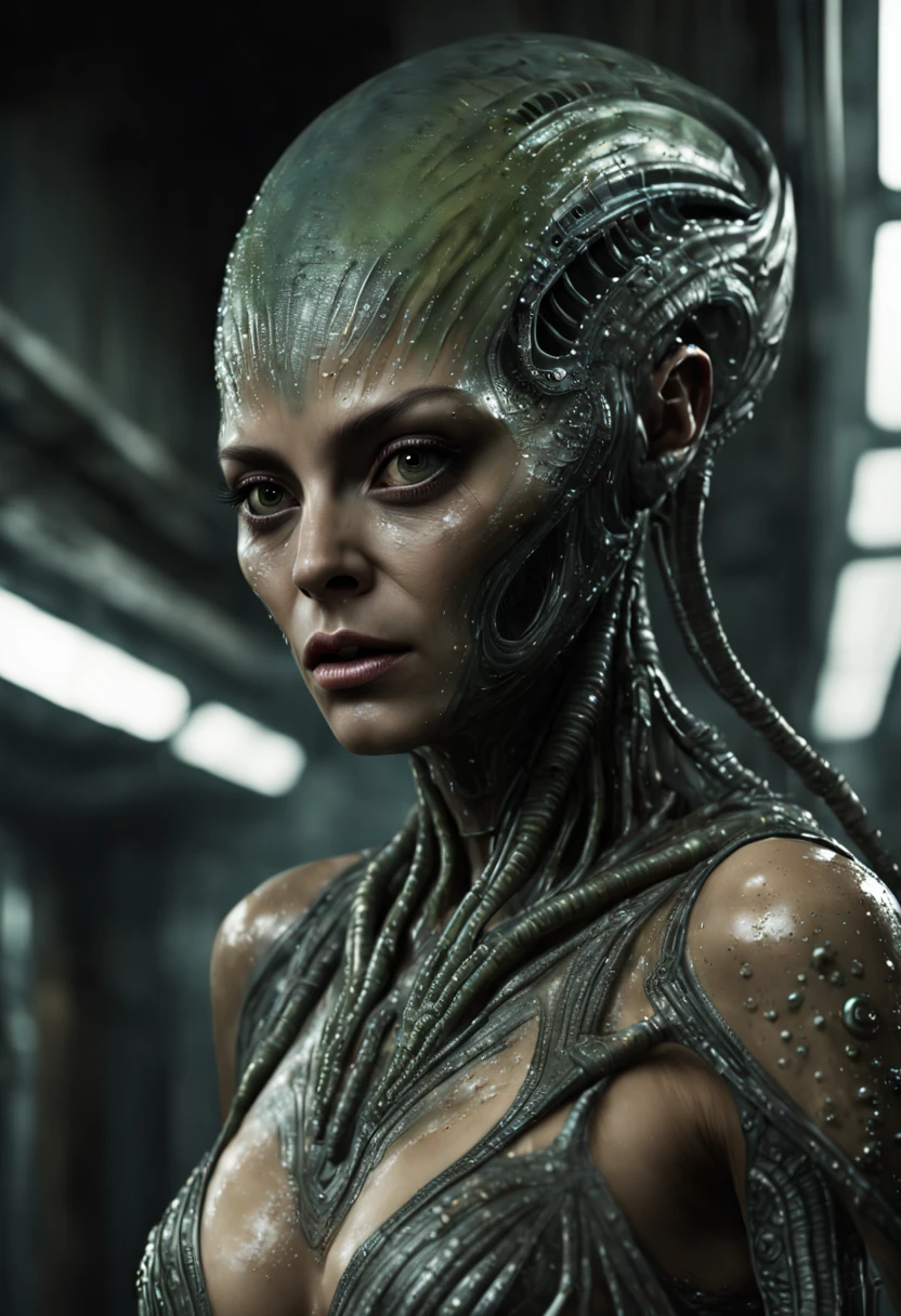 masterpiece, a creepy scary alien creature with alien skin and clothing, with a damp and steamy highly detailed spaceship corridor in the background, sci-fi, flickering halogen lamps, muted dark colors, high dynamic range, aggressive pose, sultry, full body, perfect face, detailed face, perfect body, alien tattoos, scars, smudge, oil greased skin, complex details, highly detailed body, highly detailed skin, highly detailed face, reflective textures, wet skin, dripping water, The Alien film franchise, photorealistic, masterpiece, hyperrealism, analog style, 8K UHD, RAW, octan render, concept art, professionally color graded, muted LUT, HR Giger, Hans Ruedi Giger, by Aaron Horkey and Jeremy Mann