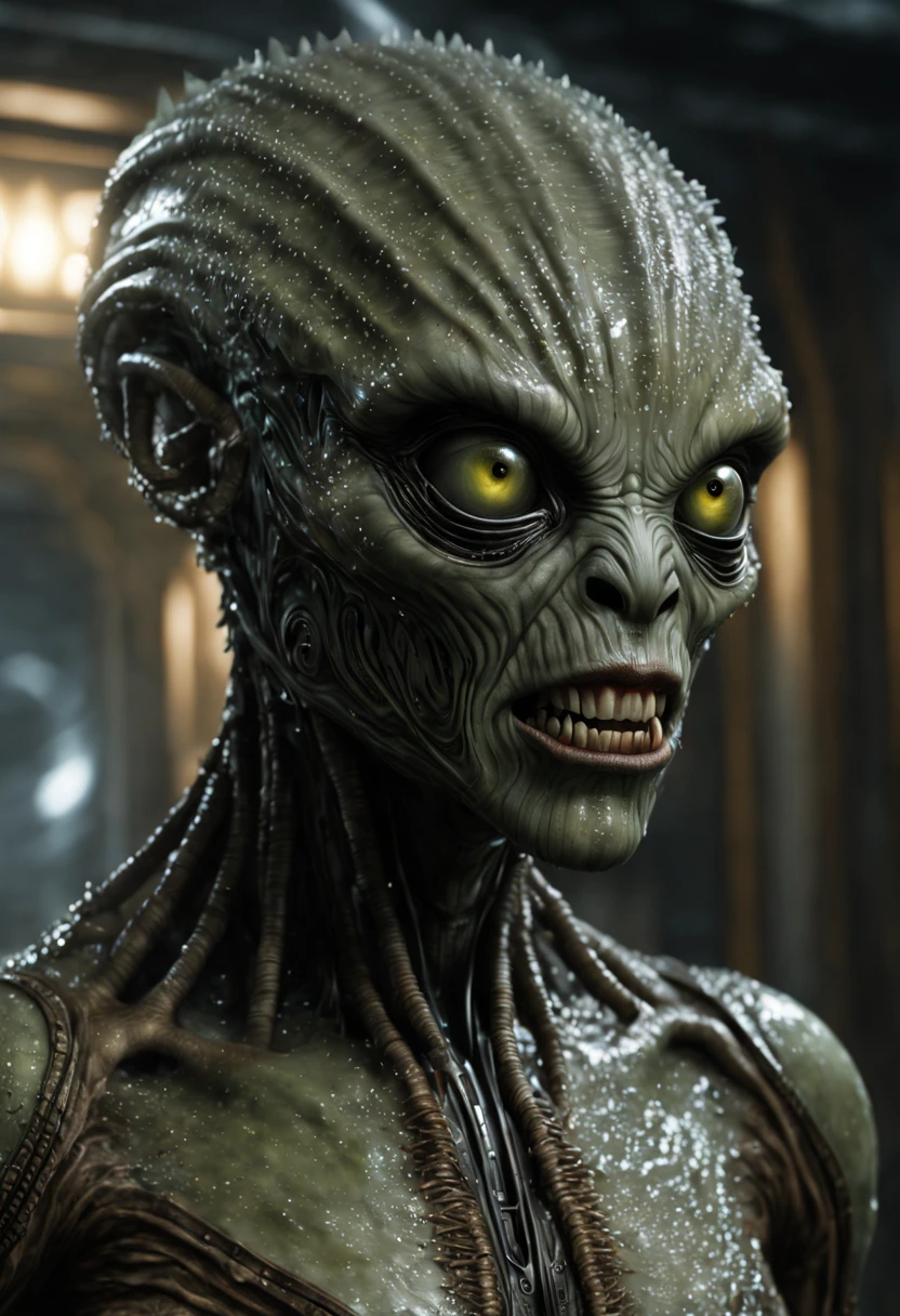 masterpiece, a creepy scary alien creature with alien skin and clothing, with a damp and steamy highly detailed spaceship corridor in the background, sci-fi, flickering halogen lamps, muted dark colors, high dynamic range, aggressive pose, sultry, full body, perfect face, detailed face, perfect body, alien tattoos, scars, smudge, oil greased skin, complex details, highly detailed body, highly detailed skin, highly detailed face, reflective textures, wet skin, dripping water, The Alien film franchise, photorealistic, masterpiece, hyperrealism, analog style, 8K UHD, RAW, octan render, concept art, professionally color graded, muted LUT, HR Giger, Hans Ruedi Giger, by Aaron Horkey and Jeremy Mann