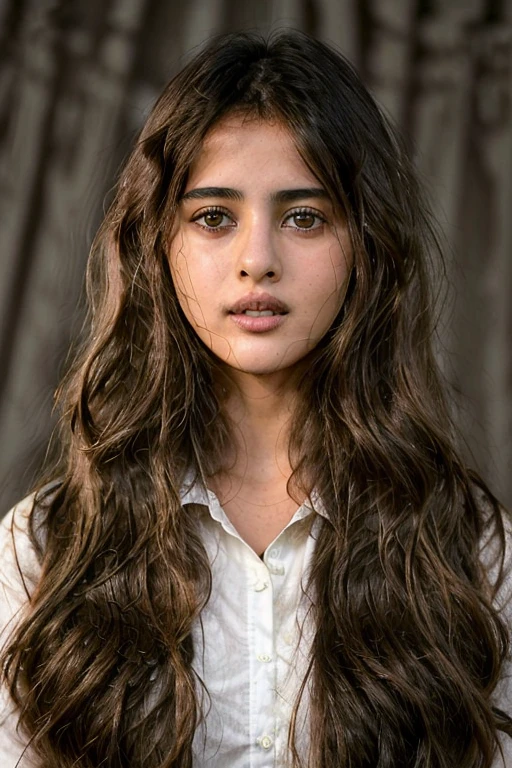 Indian girl, 18 yo, petite, busty ((features a mix of Monica Bellucci at 18 yo and Macarena Garcia at 18 yo)), passport size photo, symmetric  face,long black wavy hair,bedroom, beautiful detailed eyes, uniform,standing,full length, naked