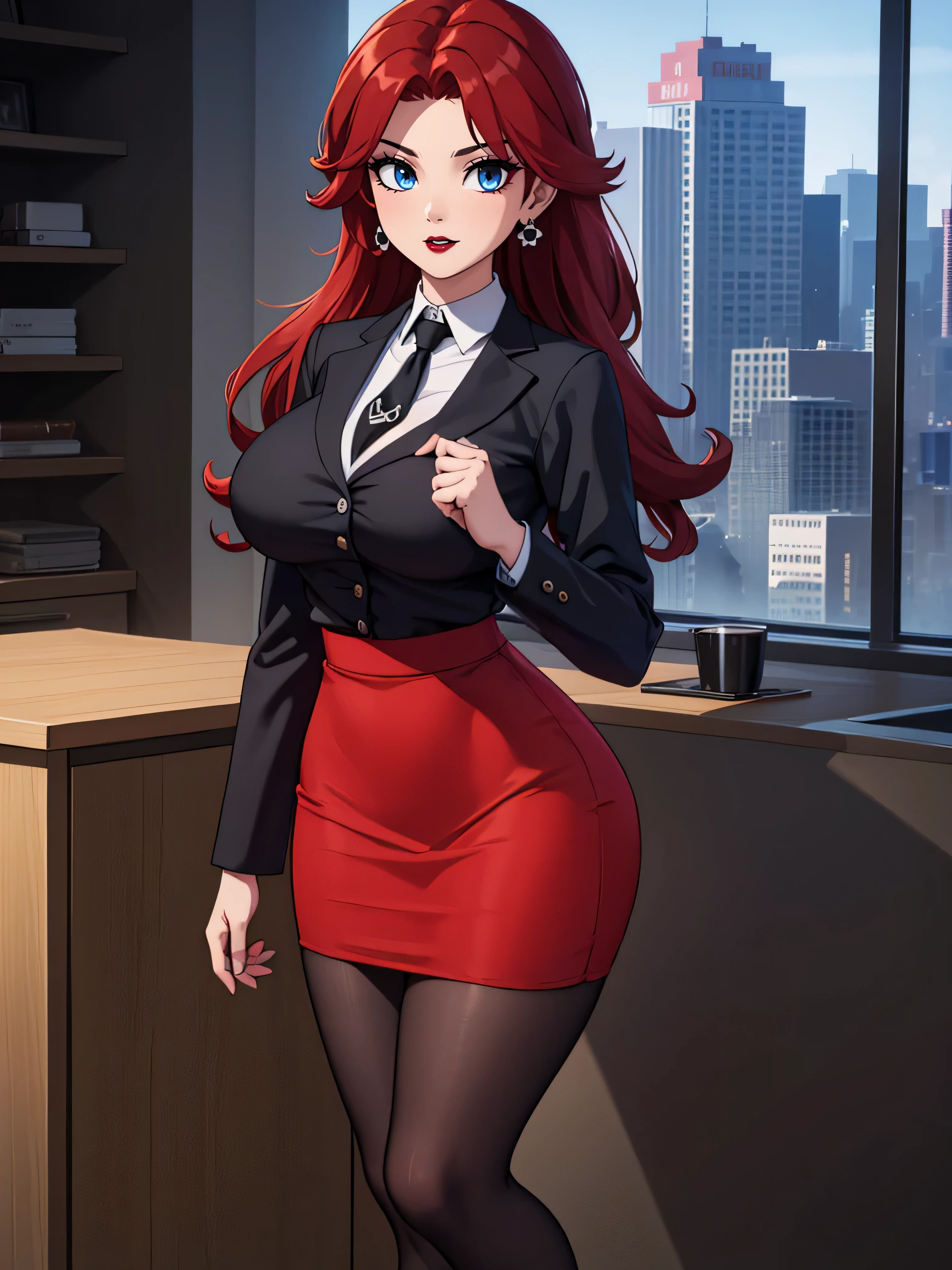 ((high detailed, best quality, 4k, masterpiece, hd:1.3)), landscape, (in office), indoors, business office, Office workers working in the office、Many people are busy working, standing, window, desk, chair, computer, ceiling light, Princess Daisy, neon blue eyes, BREAK blue eyes, seductive, attractive, sexy smile, smiling, smooth anime cg art, 36C breasts, long legs, vivid colors, detailed digital art, slim body, perfect skin, dark red hair, long hair, dark hair, red hair, BREAK crown, cleavage, 36C cleavage, looking at viewer, BREAK looking at viewer, extremely detailed face, black necktie, tight red skirt, red suit, red jacket, black shirt, red pencil skirt, mini red skirt, full body, (red high heels), earrings, gem, dark black makeup lips, dark gothic eyeshadows, dark eyeshadows, black eyeshadows, black sexy lips, black lips, (dark:1.2), dark lips, very dark lips, (perfect hands, perfect anatomy), black makeup, black medium lips, black thick lips, detailed fingers, five fingers per hand, 5 fingers, (1 girl), detailed lips, detailed black lips, black painted lips, gothic painted lips, BREAK night, (breast focus), (breasts out:1.3),