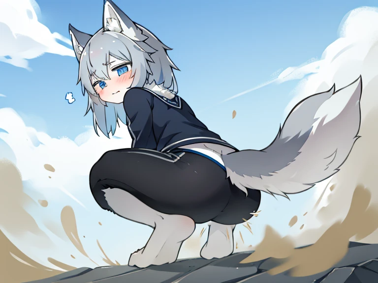 Movmovno、relaxed、A little sleepy、expression sad、He has gray hair and furry ears.、eyes are blue、Wolf Girl。The back is black。strong wind is blowing。Hair is flying。squatting action。