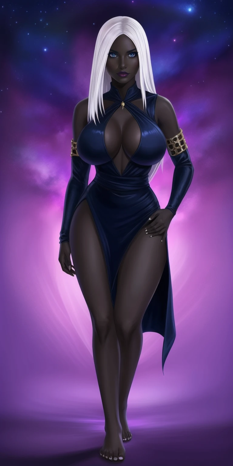 masterpiece, best quality, full body, barefoot, solo, female, big breast, big breast but cover, hands to hip. Apariencia: Noble drow have ebony skin and white or silver hair.. Sus ojos suelen ser de un color rojo intenso o violeta, lo que les da una apariencia distintiva y misteriosa.