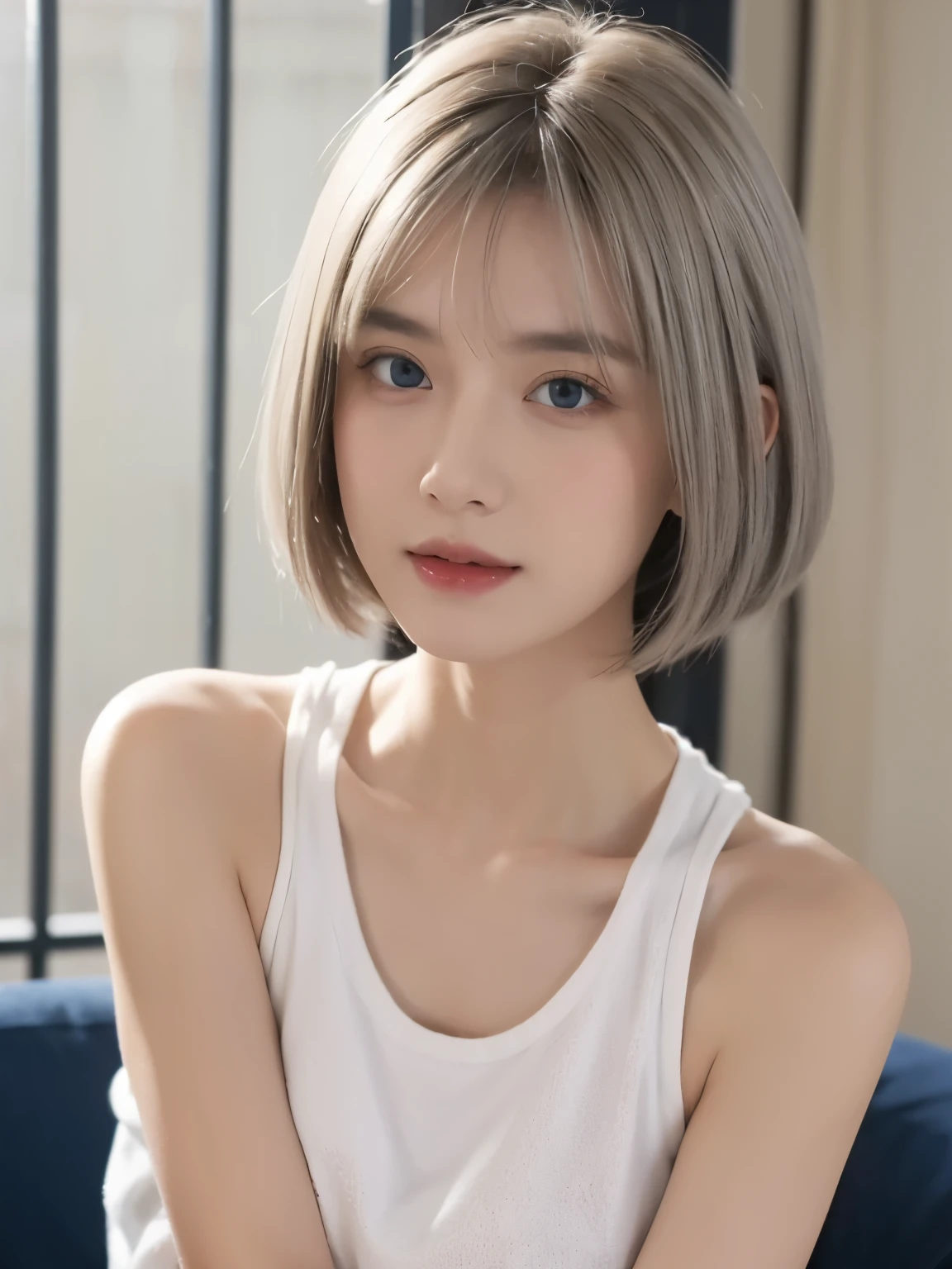 1 girl, Bethel, eBlue eyes, of shoulders, , medium , short detailed hair, White hair, hair covering one eye, By bangs, mitts, Sleeveless, Alone, The shirt, fingerless mitts, white The shirt, Sleeveless The shirt, Place your arms behind your back, cropped shoulders, horn, ssmile, (tmasterpiece), (Best quality at best), (ultra - detailed), Indoorackgound, Blue flowers,