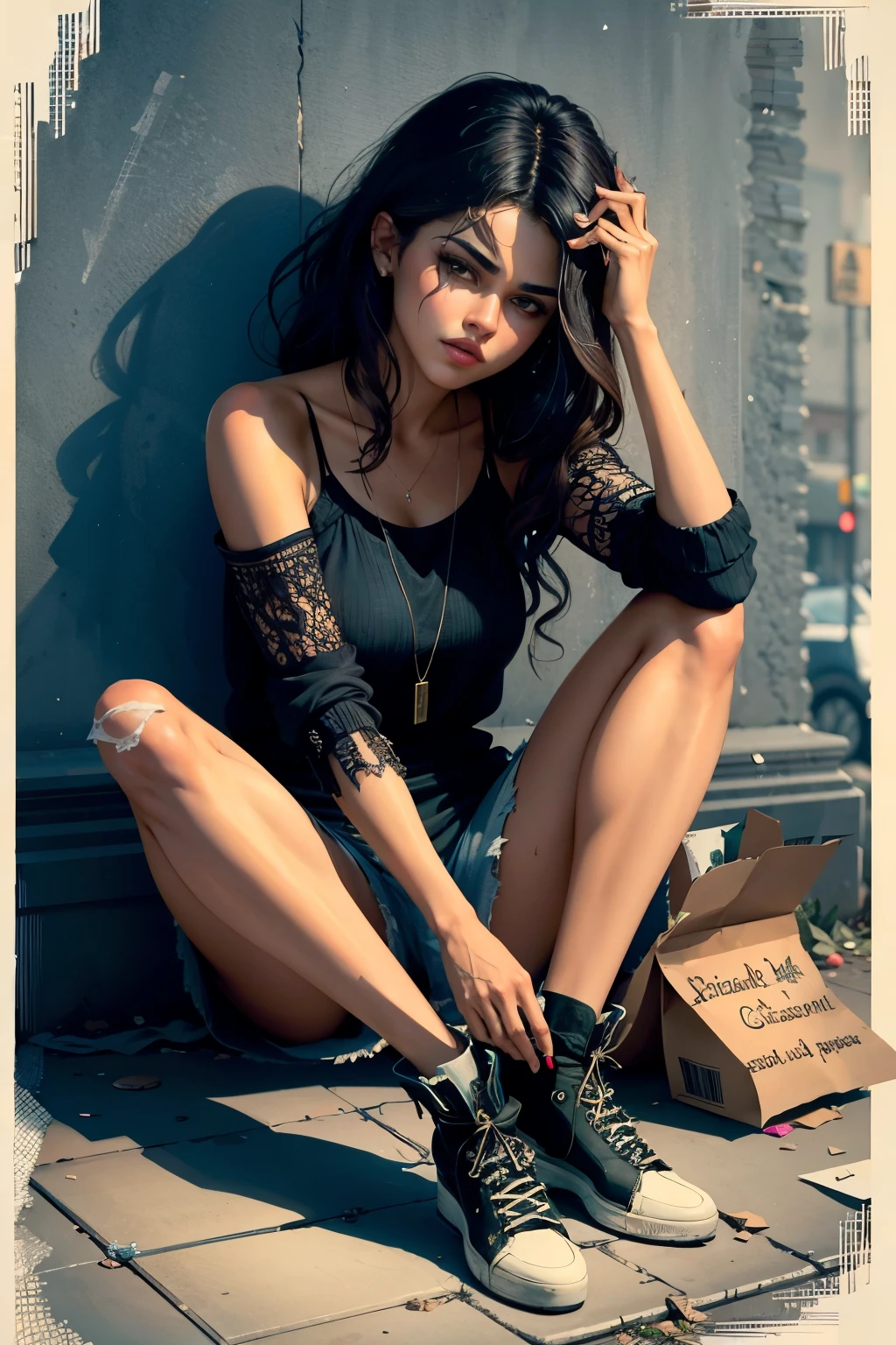(best quality:1.6), (masterpiece:1.2), (intricate detailed:1.1), Selena Gomez is a beggar in a dark street with torn clothes, begging in the street for money, poor girl, homeless, torn clothes, sit on carton boxes, begging, ask money, A tramp lived under the bridge