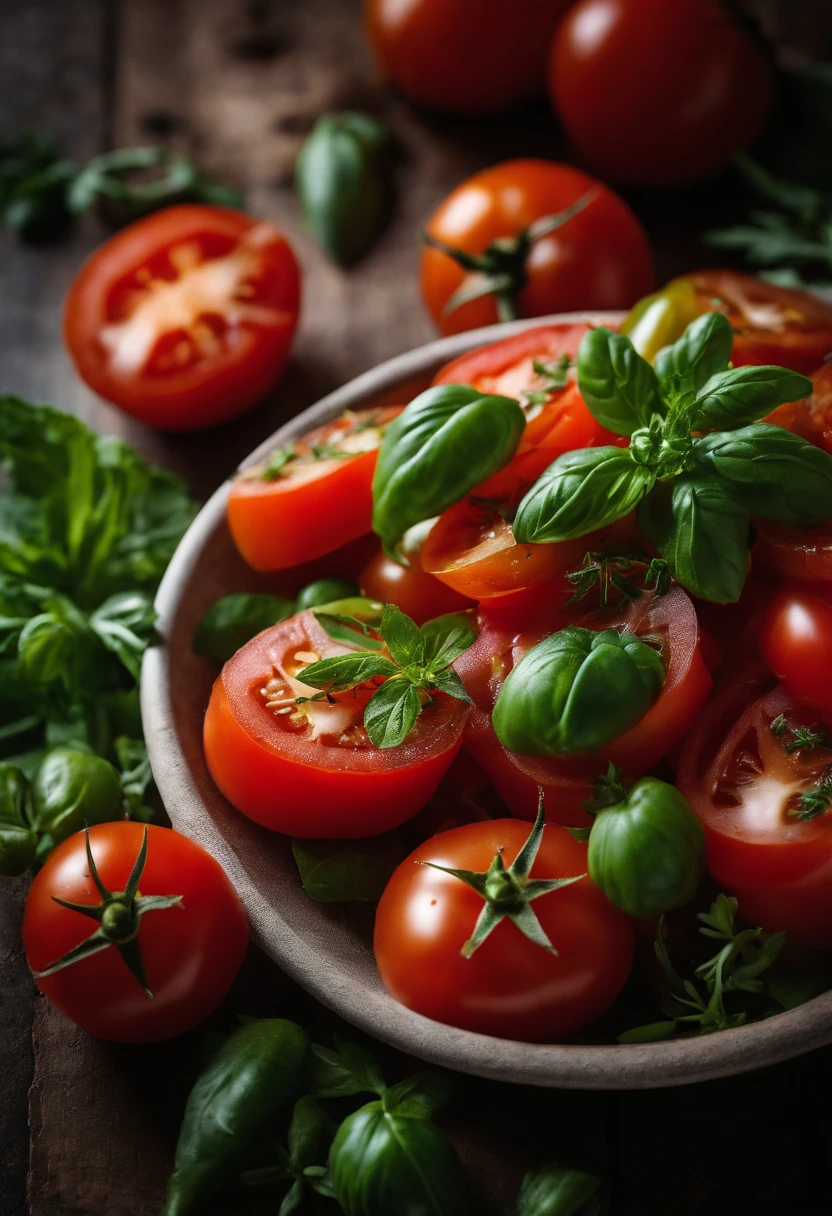 a high-angle shot of a tomato salad, featuring a variety of sliced tomatoes, fresh herbs, and other colorful ingredients, creating an appetizing and visually appealing composition