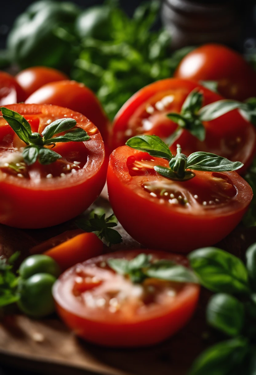 a high-angle shot of a tomato salad, featuring a variety of sliced tomatoes, fresh herbs, and other colorful ingredients, creating an appetizing and visually appealing composition