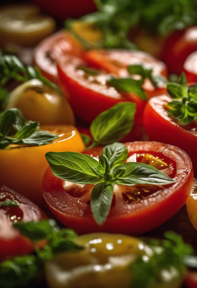 a high-angle shot of a tomato salad, featuring a variety of sliced tomatoes, fresh herbs, and other colorful ingredients, creating an appetizing and visually appealing composition