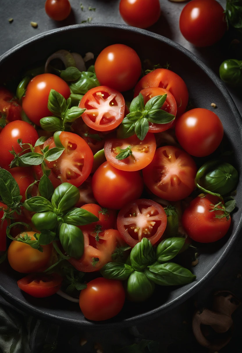 a high-angle shot of a tomato salad, featuring a variety of sliced tomatoes, fresh herbs, and other colorful ingredients, creating an appetizing and visually appealing composition