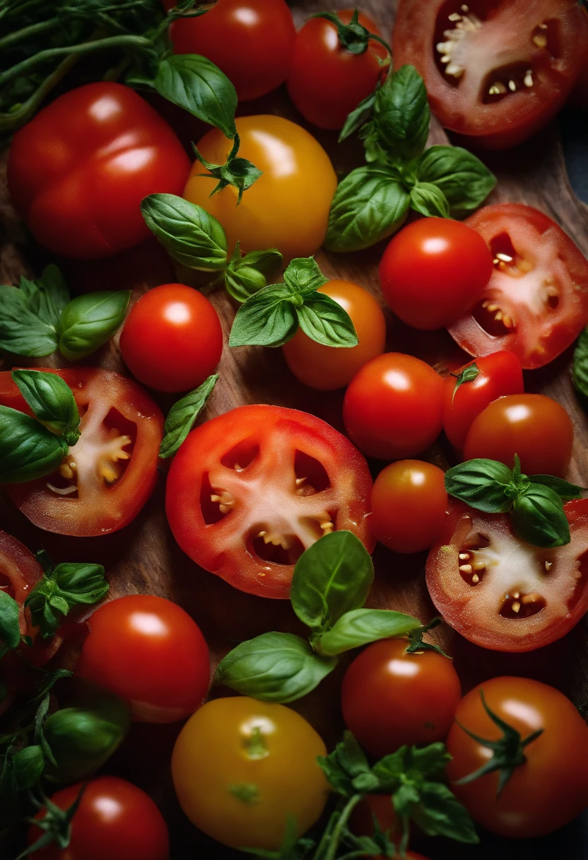 a high-angle shot of a tomato salad, featuring a variety of sliced tomatoes, fresh herbs, and other colorful ingredients, creating an appetizing and visually appealing composition