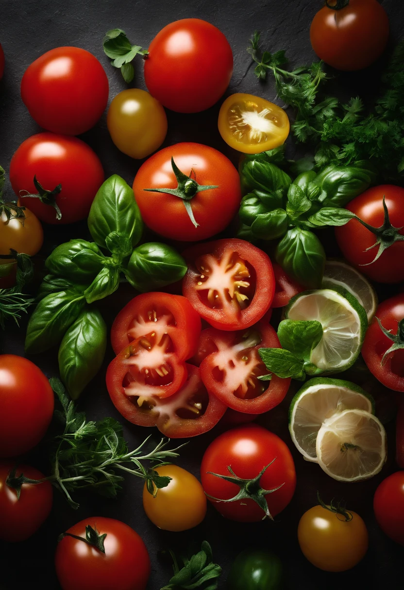 a high-angle shot of a tomato salad, featuring a variety of sliced tomatoes, fresh herbs, and other colorful ingredients, creating an appetizing and visually appealing composition