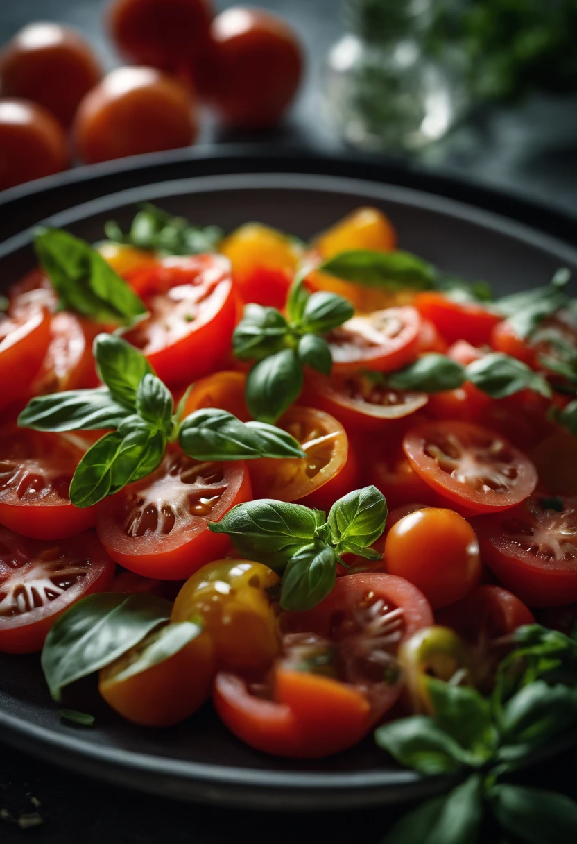 a high-angle shot of a tomato salad, featuring a variety of sliced tomatoes, fresh herbs, and other colorful ingredients, creating an appetizing and visually appealing composition