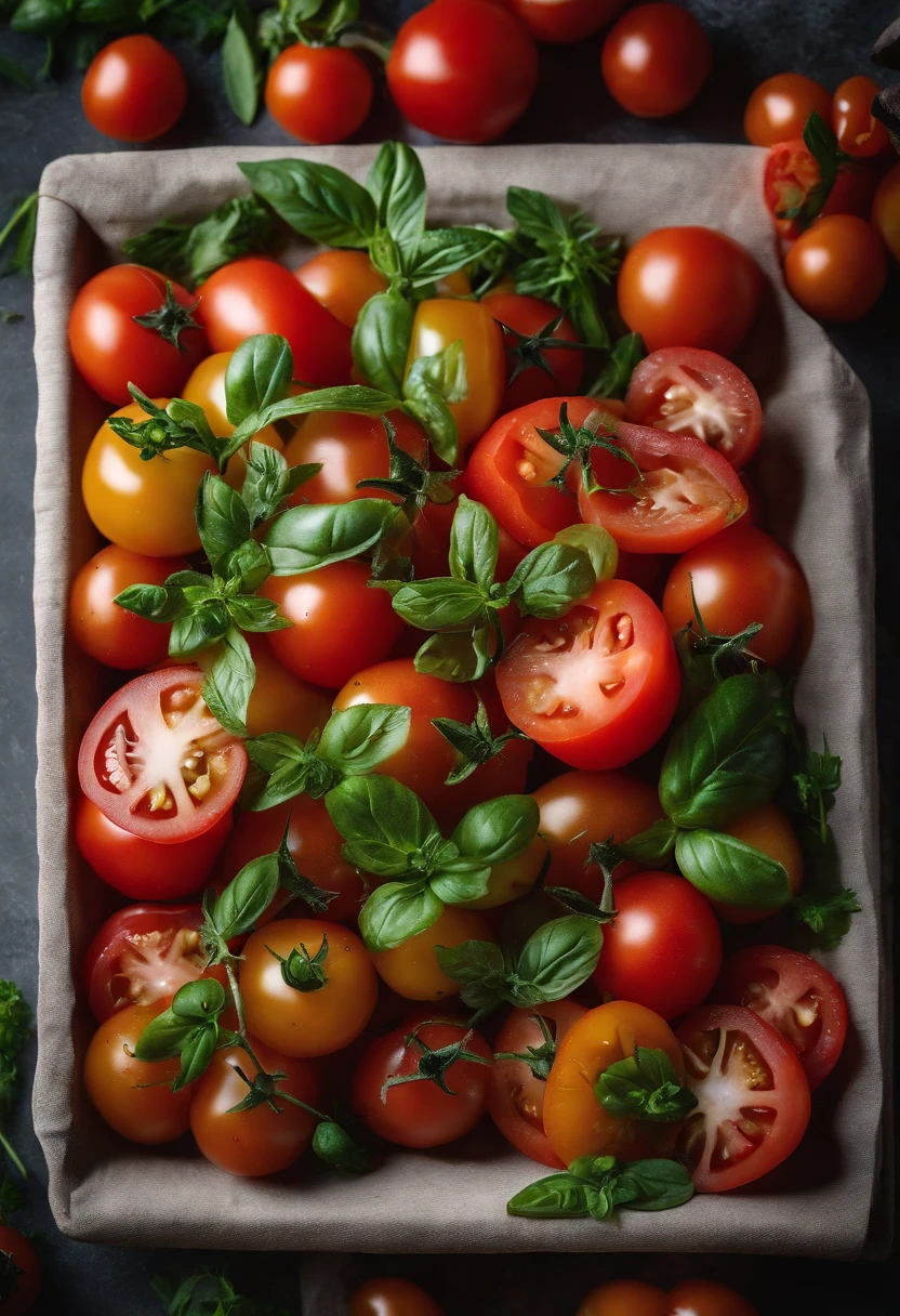 a high-angle shot of a tomato salad, featuring a variety of sliced tomatoes, fresh herbs, and other colorful ingredients, creating an appetizing and visually appealing composition