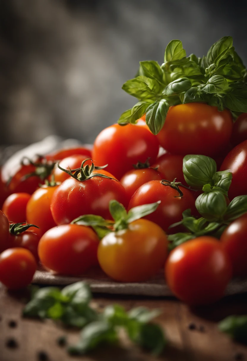 a high-angle shot of a tomato salad, featuring a variety of sliced tomatoes, fresh herbs, and other colorful ingredients, creating an appetizing and visually appealing composition