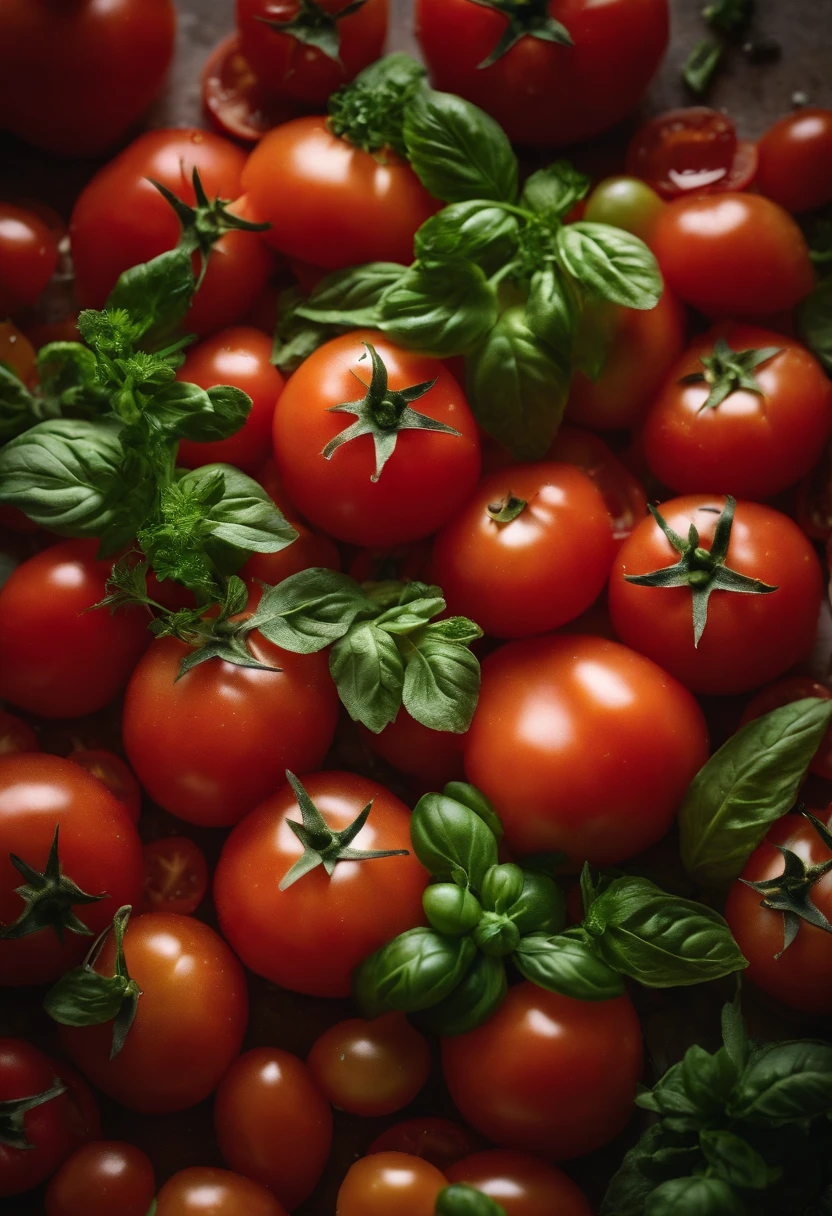a high-angle shot of a tomato salad, featuring a variety of sliced tomatoes, fresh herbs, and other colorful ingredients, creating an appetizing and visually appealing composition