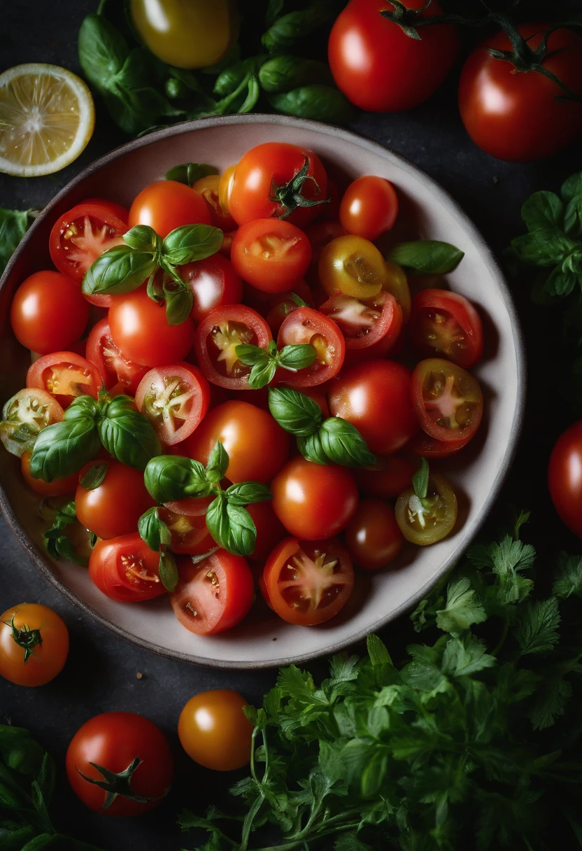 a high-angle shot of a tomato salad, featuring a variety of sliced tomatoes, fresh herbs, and other colorful ingredients, creating an appetizing and visually appealing composition