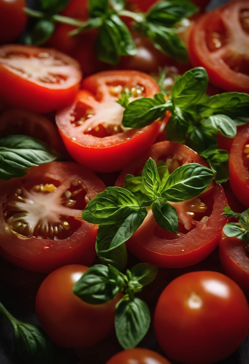 a high-angle shot of a tomato salad, featuring a variety of sliced tomatoes, fresh herbs, and other colorful ingredients, creating an appetizing and visually appealing composition