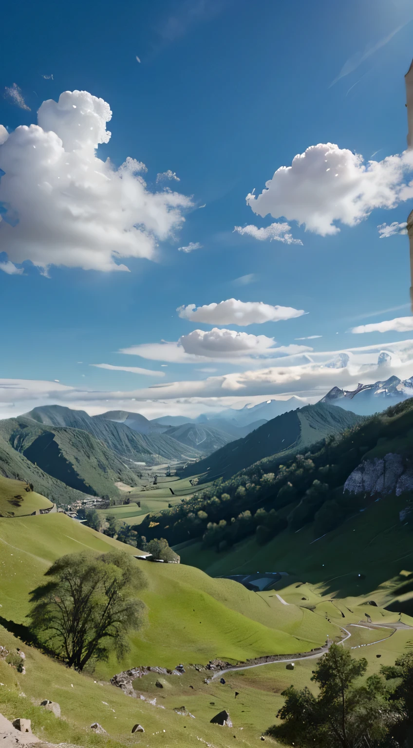 Complete the image with a stunning blue sky, um sol radiante, e algumas nuvens.