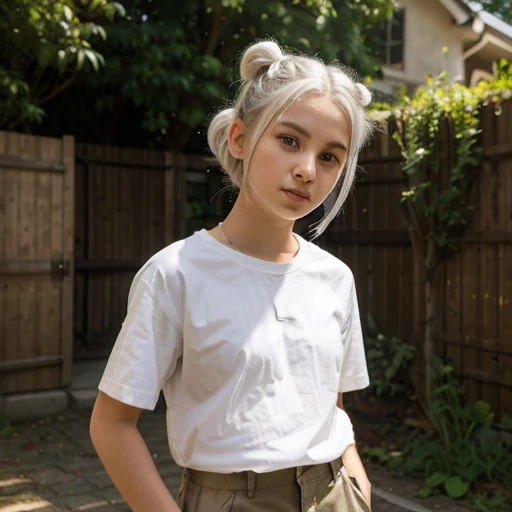 , girl, small and short, pure white hair, two hair buns on head, white shirt with a sun, cargo pants