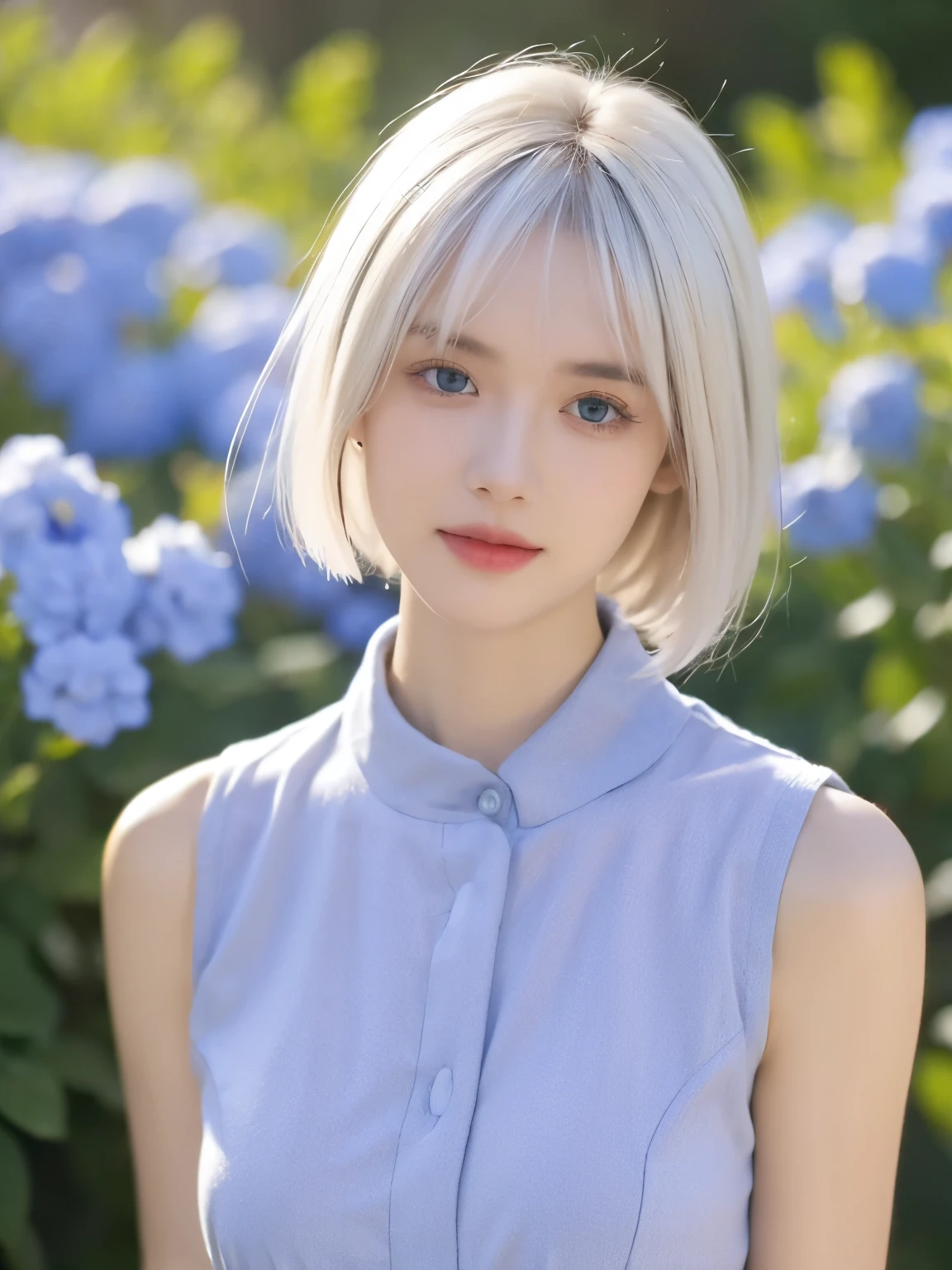 1 girl, Bethel, eBlue eyes, of shoulders, , medium , short detailed hair, White hair, hair covering one eye, By bangs, mitts, Sleeveless, Alone, The shirt, fingerless mitts, white The shirt, Sleeveless The shirt, Place your arms behind your back, cropped shoulders, horn, ssmile, (tmasterpiece), (Best quality at best), (ultra - detailed), Indoorackgound, Blue flowers,