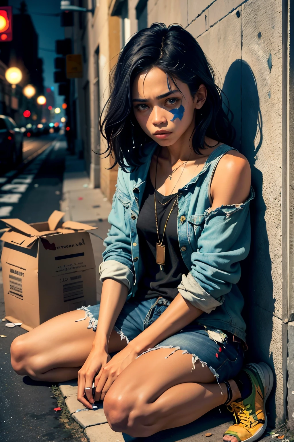 (best quality:1.6), (masterpiece:1.2), (intricate detailed:1.1), Jenna Ortega is a beggar in a dark street with torn clothes, begging in the street for money, poor girl, homeless, torn clothes, sit on carton boxes, begging, ask money, A tramp lived under the bridge