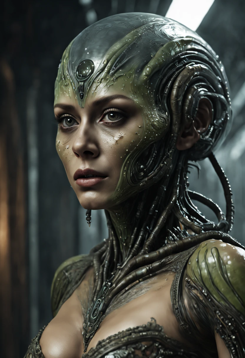 masterpiece, a creepy scary female alien creature with alien skin and clothing, with a damp and steamy highly detailed spaceship corridor in the background, sci-fi, flickering halogen lamps, muted dark colors, high dynamic range, aggressive pose, sultry, full body, perfect face, detailed face, perfect body, alien tattoos, scars, smudge, oil greased skin, complex details, highly detailed body, highly detailed skin, highly detailed face, reflective textures, wet skin, dripping water, The Alien film franchise, photorealistic, masterpiece, hyperrealism, analog style, 8K UHD, RAW, octan render, concept art, professionally color graded, muted LUT, HR Giger, Hans Ruedi Giger, by Aaron Horkey and Jeremy Mann