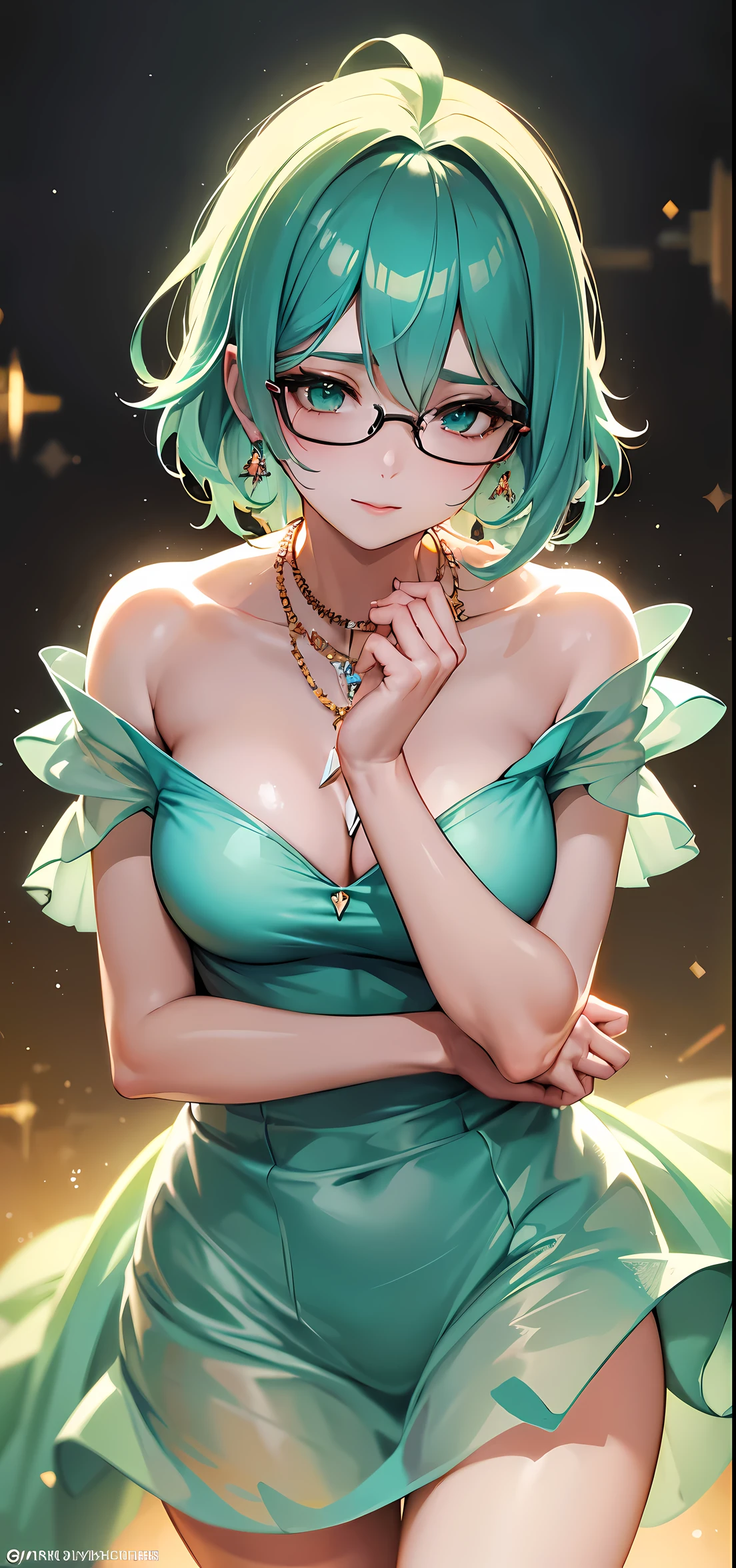 best quality, masterpiece, highres, {1girl, solo, 53 years old, milf, teal and green hair, messy hair, asymmetrical hair, ahoge, very short hair, aqua eyes, medium breasts, pale skin, glasses}, transparent silk china dress, beautiful face, hair ornament, looking at viewer, smile, closed mouth,lips, dress,hair ornament, necklace, jewelry, long hair, earrings, Beautiful face,upon_body, tyndall effect,photorealistic, dark studio, rim lighting, two tone lighting,(high detailed skin:1.2), 8k uhd, dslr, soft lighting, high quality, volumetric lighting, candid, Photograph, high resolution, 4k, 8k, Bokeh